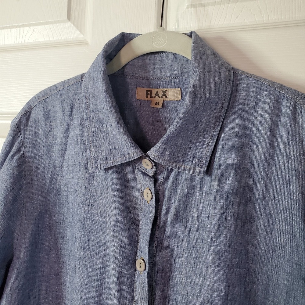 Flax Blue Linen Button Down Tunic Shirt Breathable Long Sleeves Chambray Medium - Picture 3 of 10